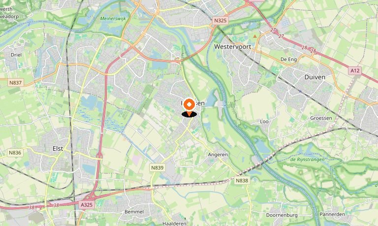 Kaart van Huissen en omgeving